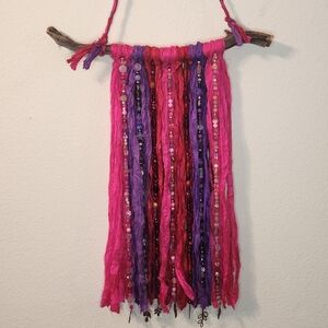 Boho Silk Sari Ribbon and Glass Bead Wall Hanging